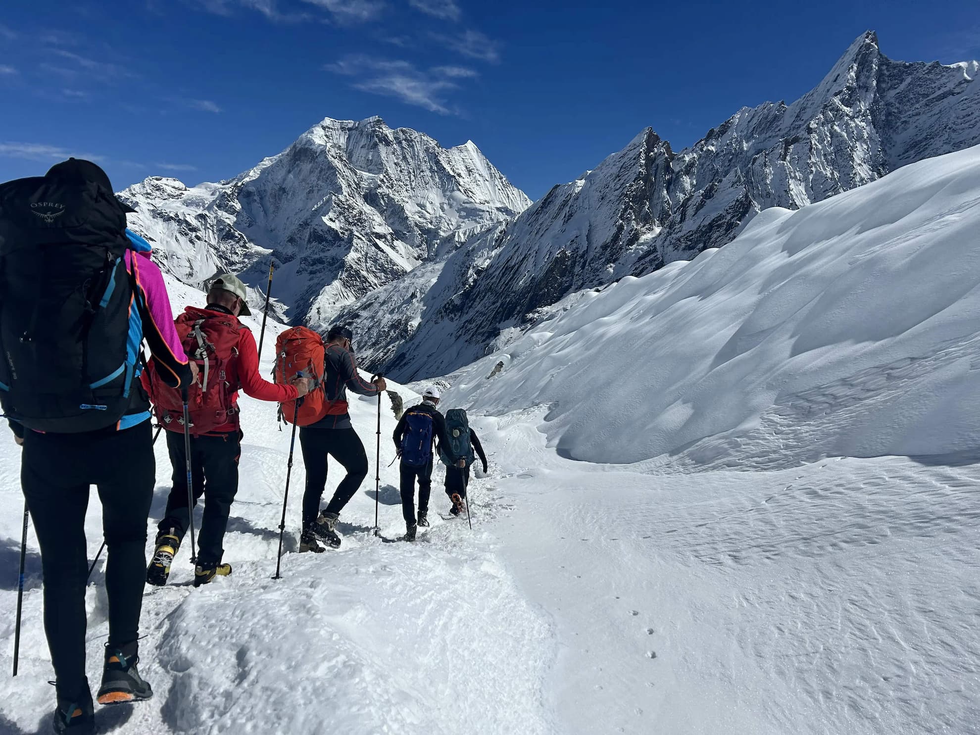 Climbers ascending Larke Peak North in the Manaslu region of Nepal during a high-altitude climb