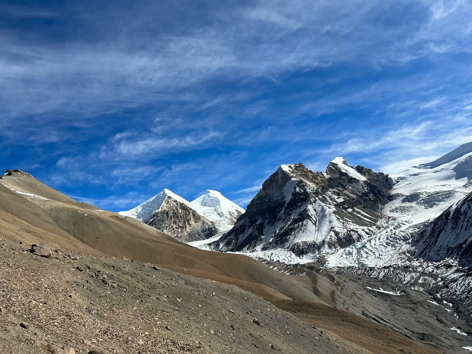 Khumjungar Peak rising above the remote landscape of Upper Mustang in the Nepal Himalayas