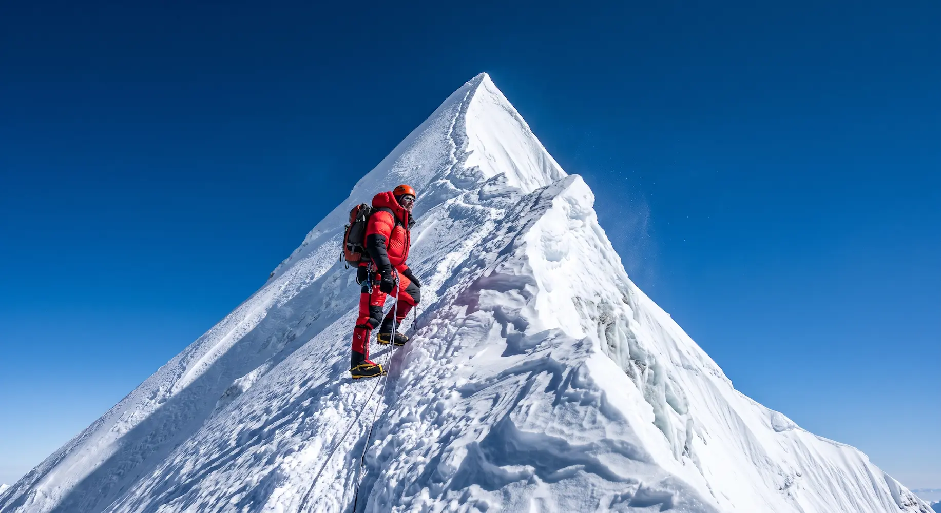 Mountaineers on the final summit push ridge of the Annapurna IV expedition, showing high altitude climbing gear and fixed lines.