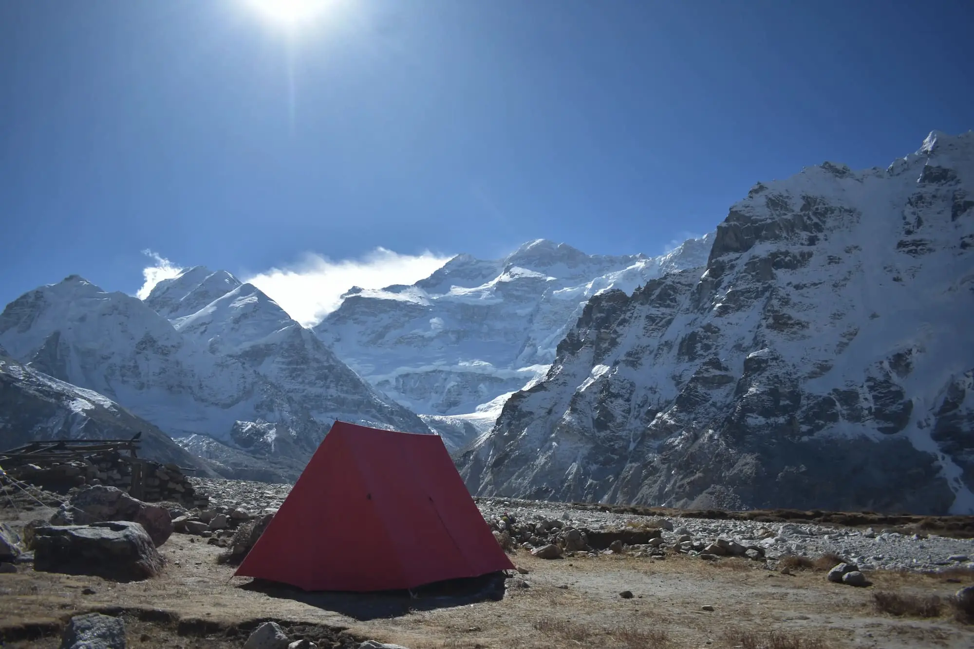 Mountain camping site in Nepal with tents surrounded by Himalayan landscapes
