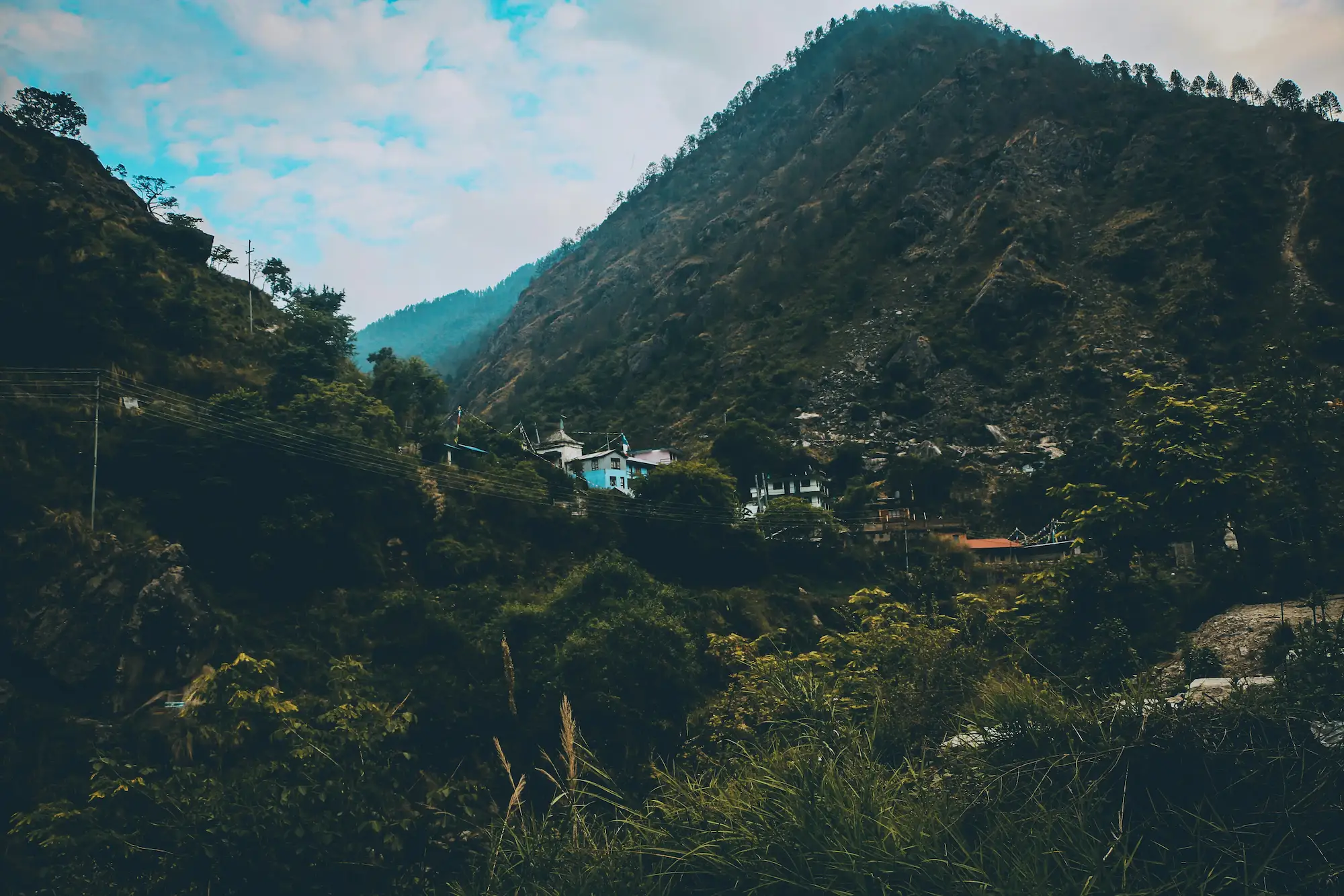 Mountain landscape in the Langtang region of Nepal with traditional villages